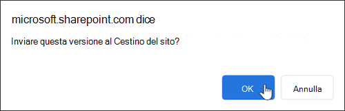 Finestra di conferma OK per eliminare tutte le versioni del file o dell'elemento selezionato