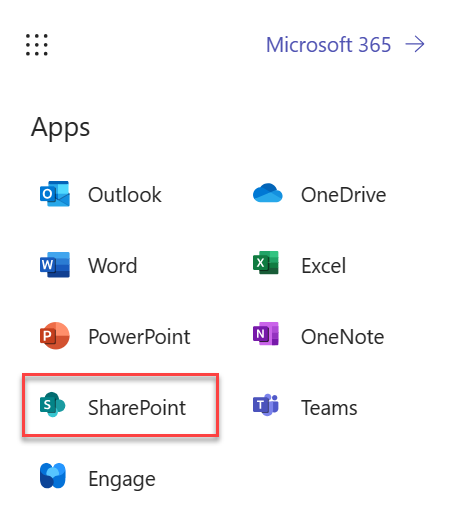 Screenshot che illustra come avviare SharePoint da M365
