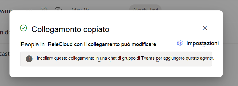 Finestra di dialogo per informare gli utenti che un collegamento di condivisione è stato copiato negli Appunti.
