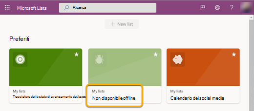 Quando si lavora offline, un elenco non sincronizzato con il dispositivo viene etichettato come non disponibile perché non è possibile aprirlo.