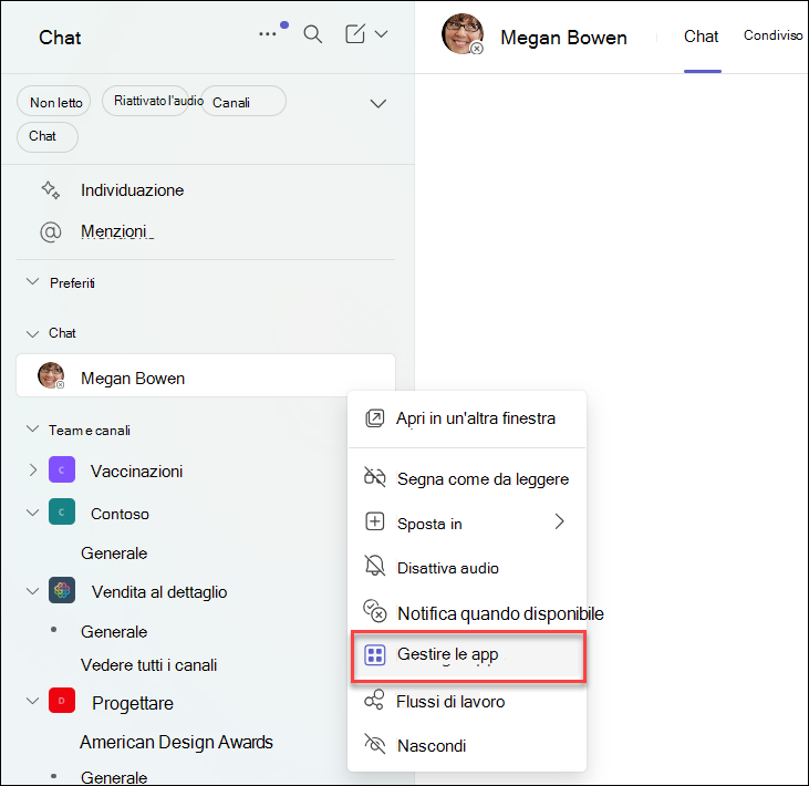 Screenshot della gestione delle app in una chat di Teams