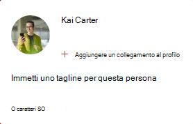 L'immagine mostra una scheda People media che consente di aggiungere un collegamento al profilo e inserire uno tagline per questa persona. Lo tagline può essere composto da un massimo di 50 caratteri.