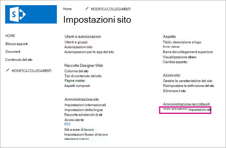 Vai alle impostazioni del sito principale