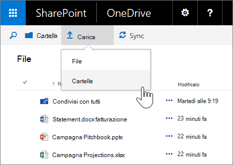 Screenshot che mostra il caricamento di una cartella in OneDrive for Business in Server SharePoint 2016 con Feature Pack 1