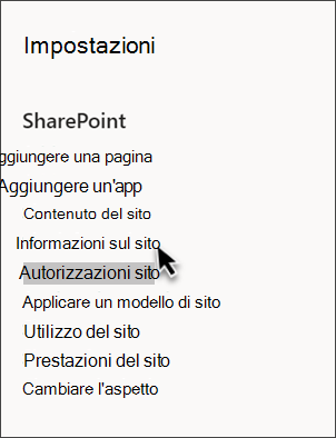 Screenshot delle impostazioni di SharePoint con l'opzione Informazioni sito selezionata