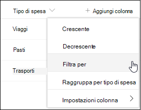 Opzione di menu Filtro intestazione di colonna di SharePoint