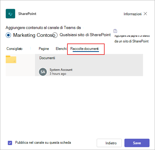 Aggiungere una raccolta documenti di SharePoint a Teams.