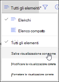 Opzione Salva con nome del menu Visualizzazione elenco di SharePoint Online