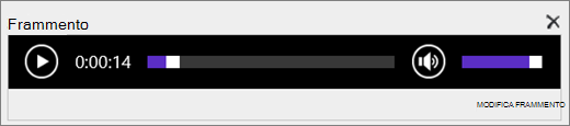 Screenshot di SharePoint Online con la barra di controllo audio Frammento che mostra la durata totale di un file audio e include il controllo per avviare o interrompere la riproduzione del file.