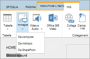 Screenshot della barra multifunzione di SharePoint Online. Selezionare la scheda Inserisci e quindi selezionare Immagine per scegliere se caricare un file dal computer, un indirizzo Web o un percorso di SharePoint.