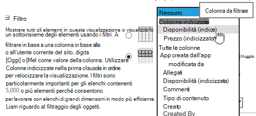 In SharePoint Online selezionare un campo indicizzato