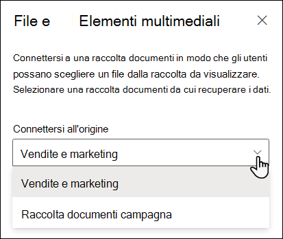 Riquadro delle proprietà Visualizzatore file con l'elenco a discesa Connetti all'origine