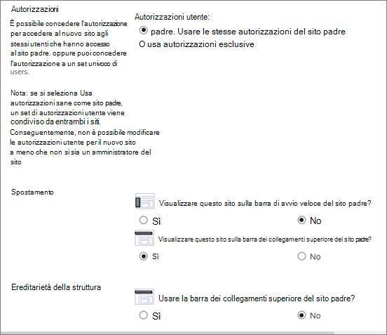 Parte inferiore della finestra di dialogo di creazione sito
