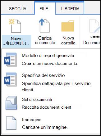 Menu Nuovo documento con tipi di contenuto personalizzato in SharePoint