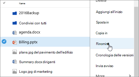 Menu dei puntini di sospensione con Rinomina evidenziato