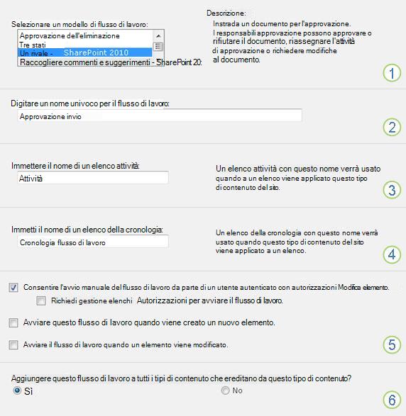 Prima pagina del modulo di associazione del flusso di lavoro Raccolta feedback per la configurazione a livello di sito con callout numerati