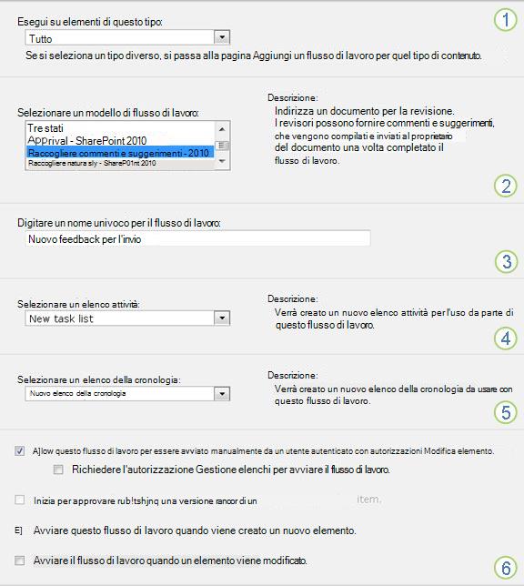 Prima pagina del modulo di associazione del flusso di lavoro Raccolta feedback per una raccolta o un tipo di contenuto con callout numerati