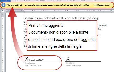Documento con la prima firma aggiunta e quindi protetto dalle modifiche