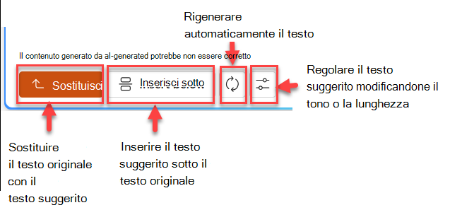 Screenshot del riquadro del testo suggerito con quattro pulsanti: sostituisci, inserisci sotto, rigenera e regola.