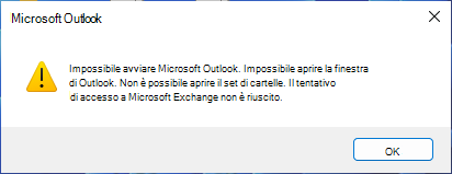 Messaggio di errore che indica che non è possibile avviare Outlook