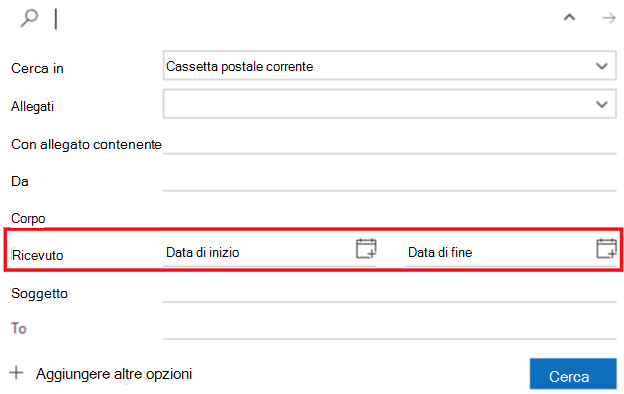 Screenshot del filtro di ricerca