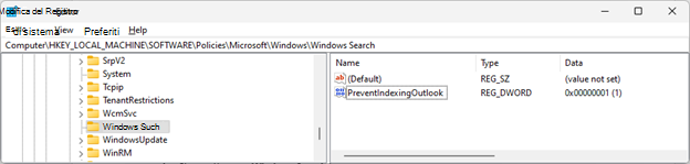 Screenshot dell'editor del Registro di sistema quando la soluzione alternativa è abilitata