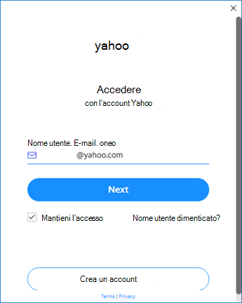 Schermata di configurazione di Yahoo Outlook