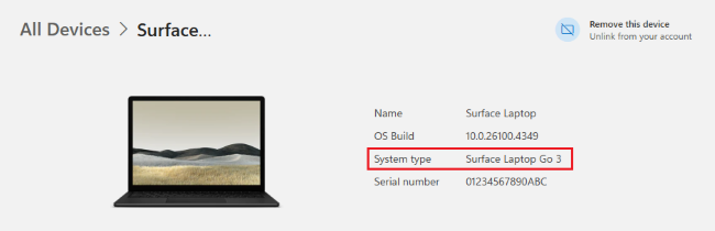 Visualizza le informazioni sul modello del dispositivo Surface nell'account Microsoft.