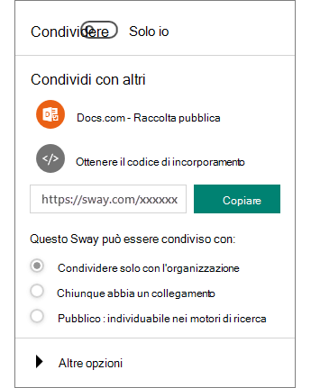 Screenshot del riquadro Condividi di Sway.