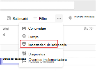 Screenshot che evidenzia le impostazioni del calendario nel calendario di Teams.
