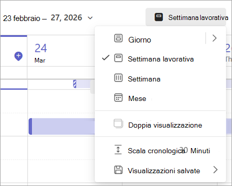 Screenshot del menu a discesa che mostra diverse visualizzazioni del calendario in Teams.