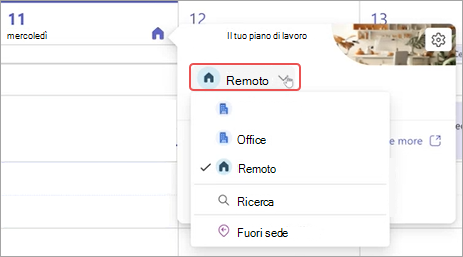 Screenshot che mostra il menu a discesa piano di lavoro nel calendario di Teams.