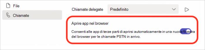 Screenshot delle impostazioni per attivare o disattivare la risposta alle chiamate nel popup del browser.
