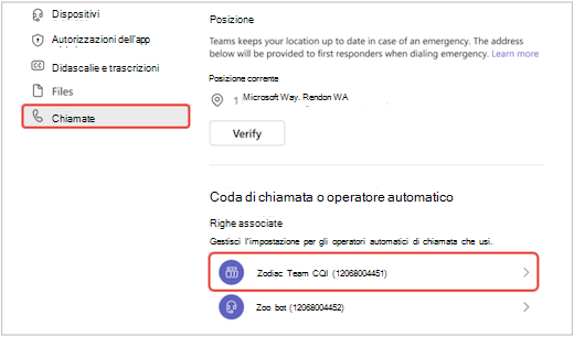 una schermata in Teams del menu Impostazioni