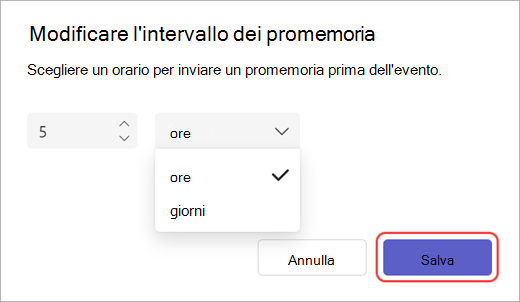Screenshot dell'editor dell'ora di invio di un promemoria tramite posta elettronica in Teams.