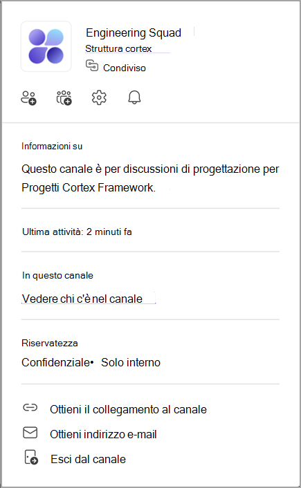 Screenshot della scheda di un canale. Posizionare il puntatore del mouse sul nome di un canale per visualizzarne la scheda.