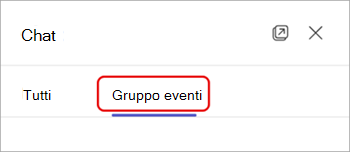 Screenshot del pulsante gruppo di eventi nella parte superiore del riquadro della chat in un evento di Teams.