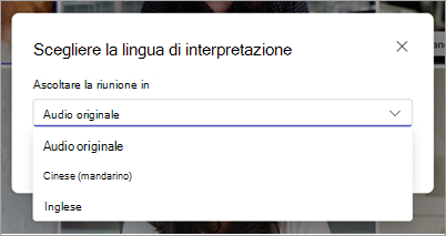 Screenshot che mostra il menu a discesa Scegli lingua di interpretazione in Microsoft Teams.