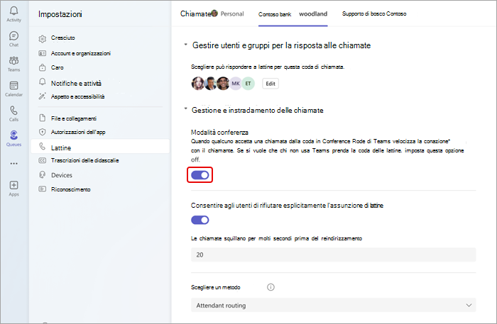 Screenshot che mostra come attivare o disattivare la modalità conferenza