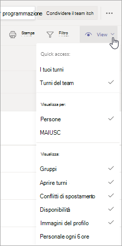 Personalizzare la visualizzazione della pianificazione in Turni usando le opzioni del menu Visualizza.