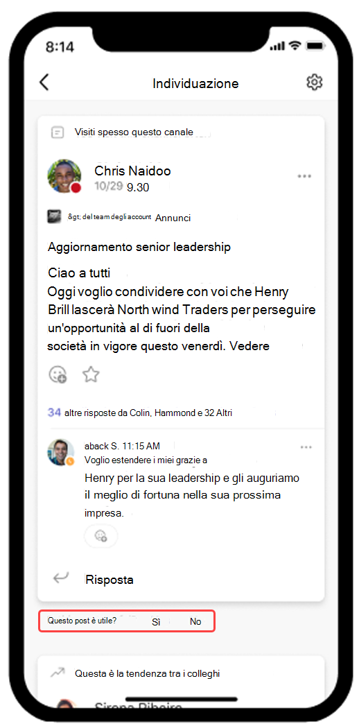 Screenshot che mostra il feed Scopri di Teams aperto in un dispositivo mobile