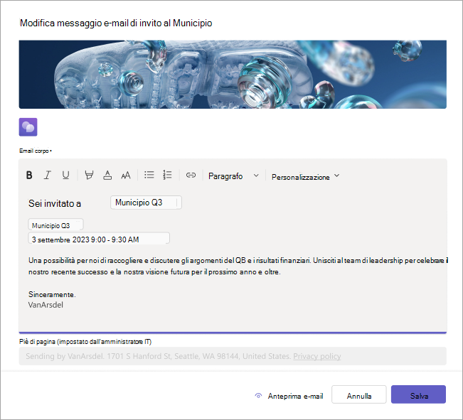 Screenshot che mostra come modificare gli inviti via posta elettronica dell’assemblea generale