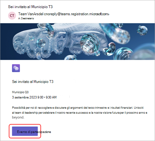 Screenshot che mostra l'invito tramite posta elettronica ricevuto dai partecipanti, con l'evidenziazione di Partecipa all'evento
