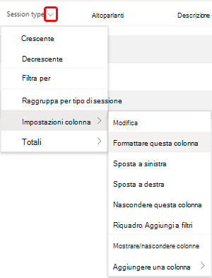Opzione di menu Formato colonna