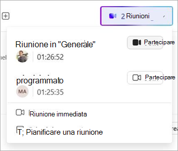 Screenshot che mostra gli indicatori delle riunioni in tempo reale per i canali in thread in Teams.