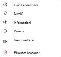 Screenshot delle impostazioni di Teams Free per dispositivi mobili con guida, novità, privacy, disconnessione ed eliminazione dell'account