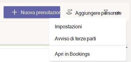 Nell'app Bookings passare ad Altre opzioni > Impostazioni