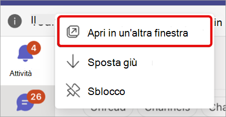 Screenshot che mostra come aprire un'app Teams in una nuova finestra.