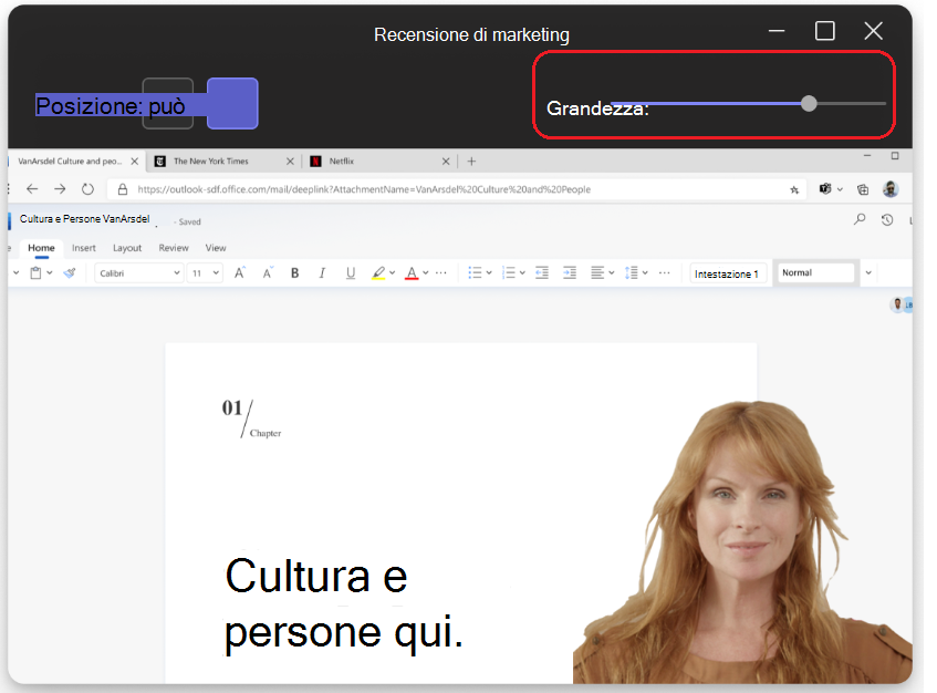 Immagine che mostra il cursore delle dimensioni nella parte superiore della pagina in modalità relatore.