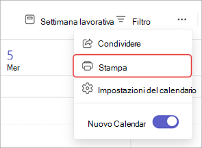 Screenshot che evidenzia l'opzione Stampa in un calendario di Teams.